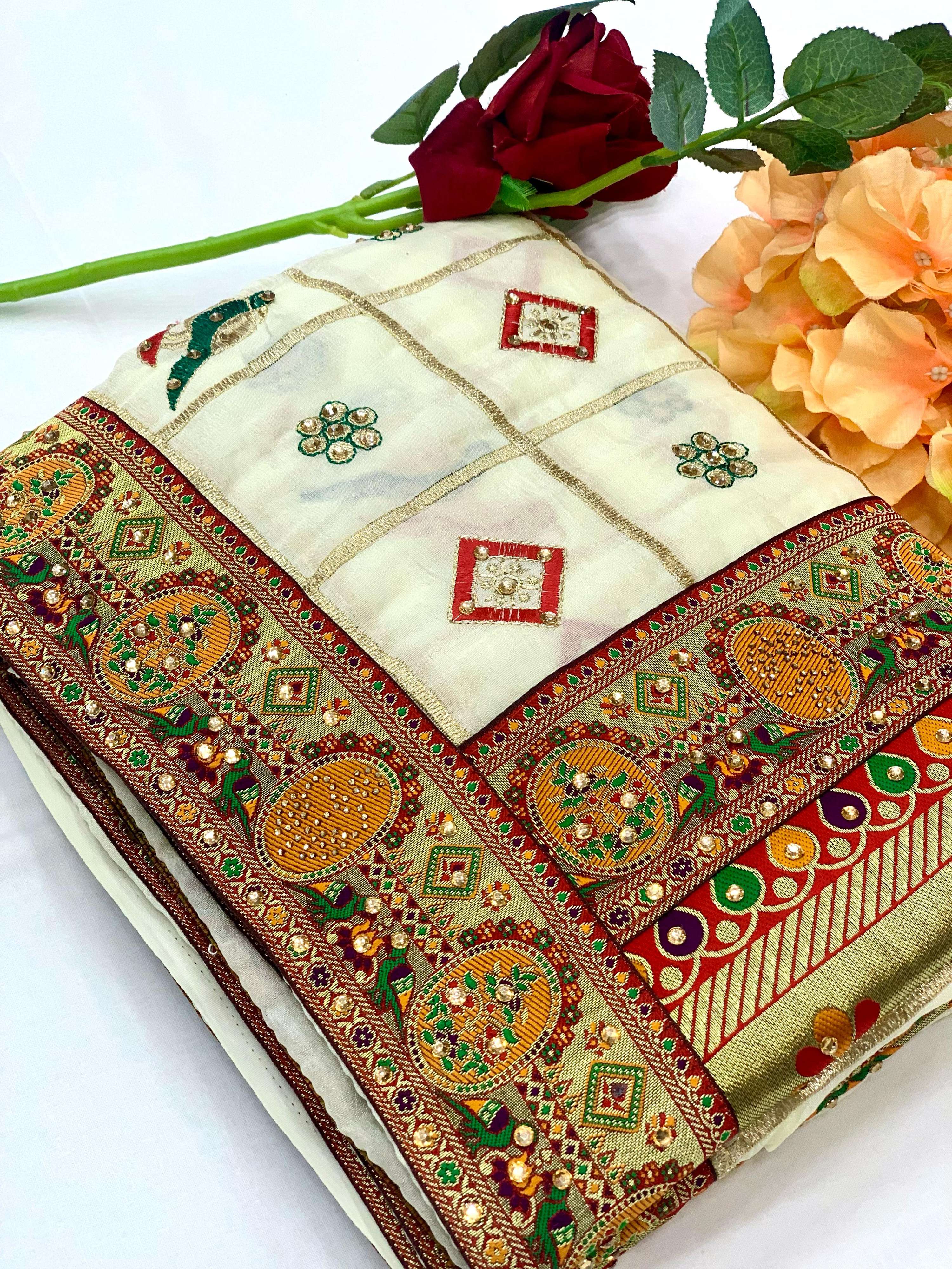 White Vichitra Silk Saree with Embroidery and Diamond Work