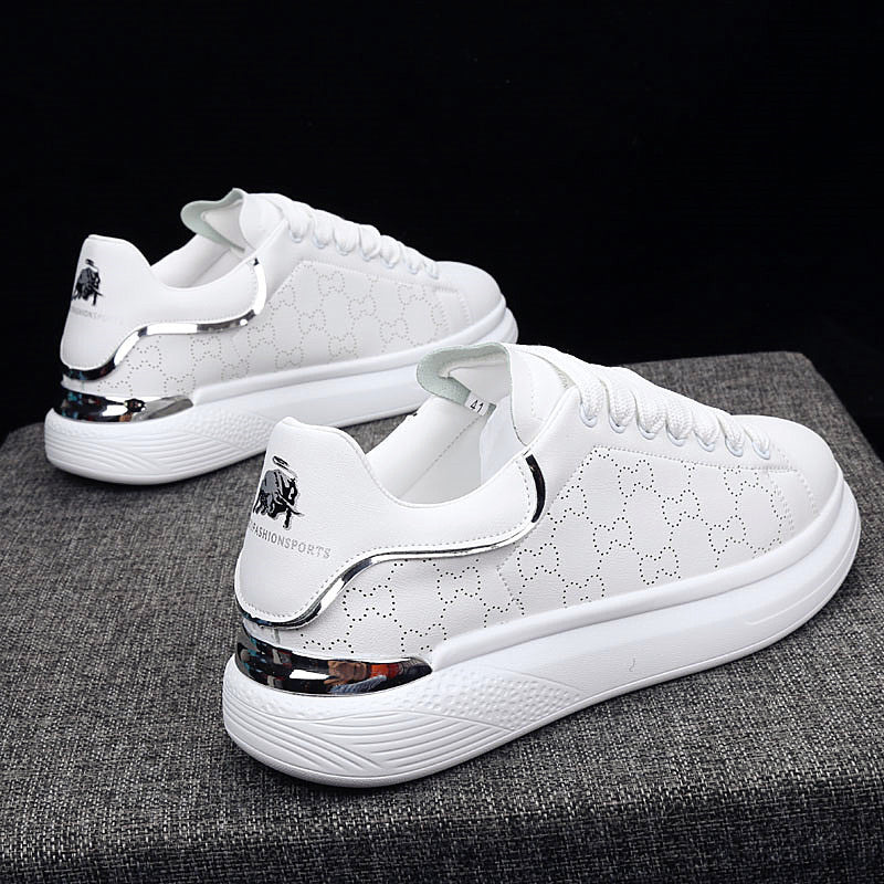 Women's White Thick Soled Casual Lace-Up Sneakers Sports Trainers
