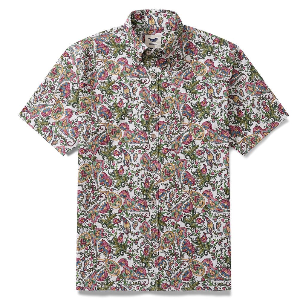 Men's sophisticated botanical floral print button-down cotton shirt