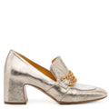 Gold/Silver Leather Mid Heel Loafer W/Chain