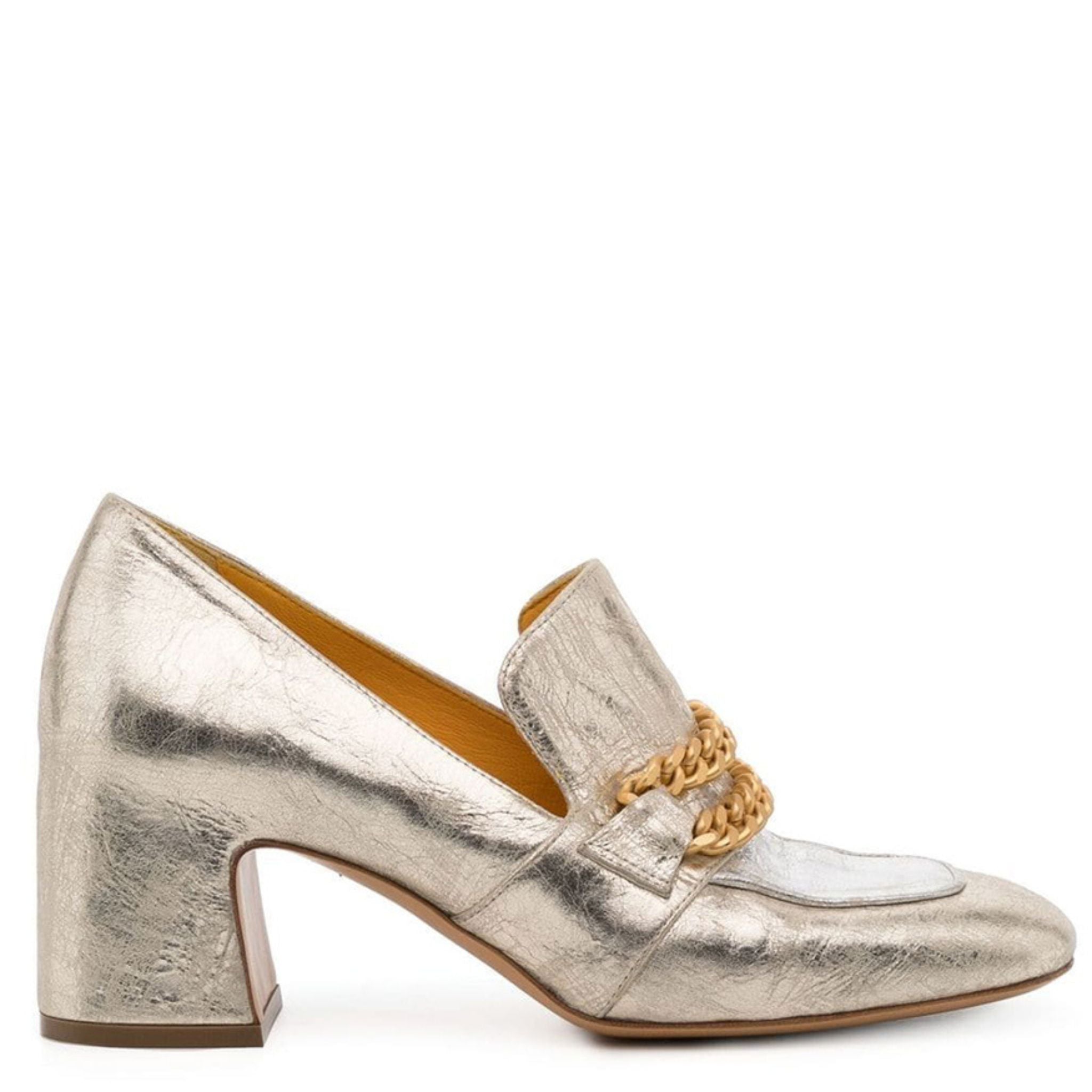 Gold/Silver Leather Mid Heel Loafer W/Chain