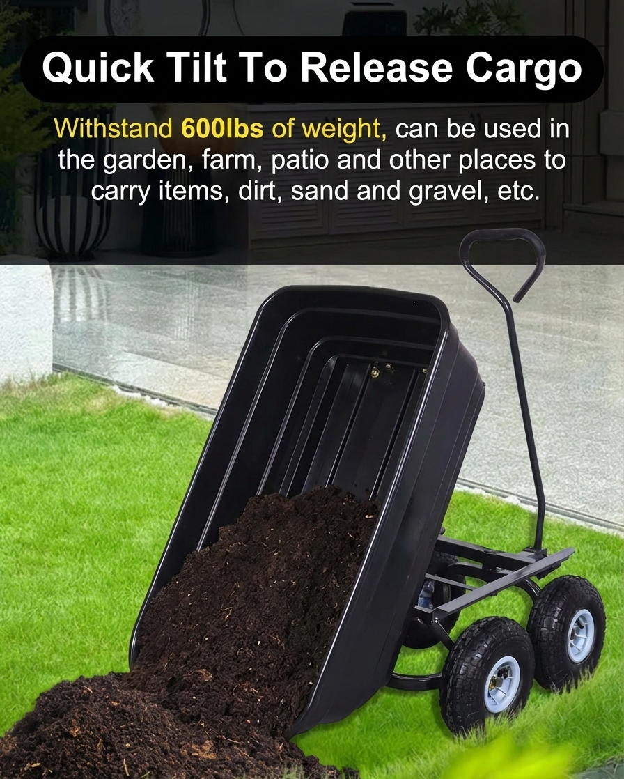Heavy Duty Garden Dump Cart, 600 lb Capacity, All-Terrain Utility