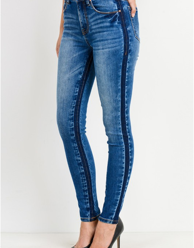 High rise ankle skinny jeans in medium blue denim with dark navy side seam panels