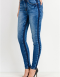 High rise ankle skinny jeans in medium blue denim with dark navy side seam panels