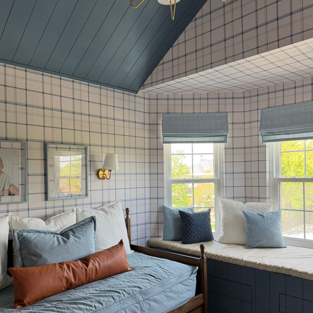 Keaton classic plaid wallpaper in white and blue