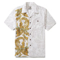 Men's white and gray floral Hawaiian shirt with gold and teal details.