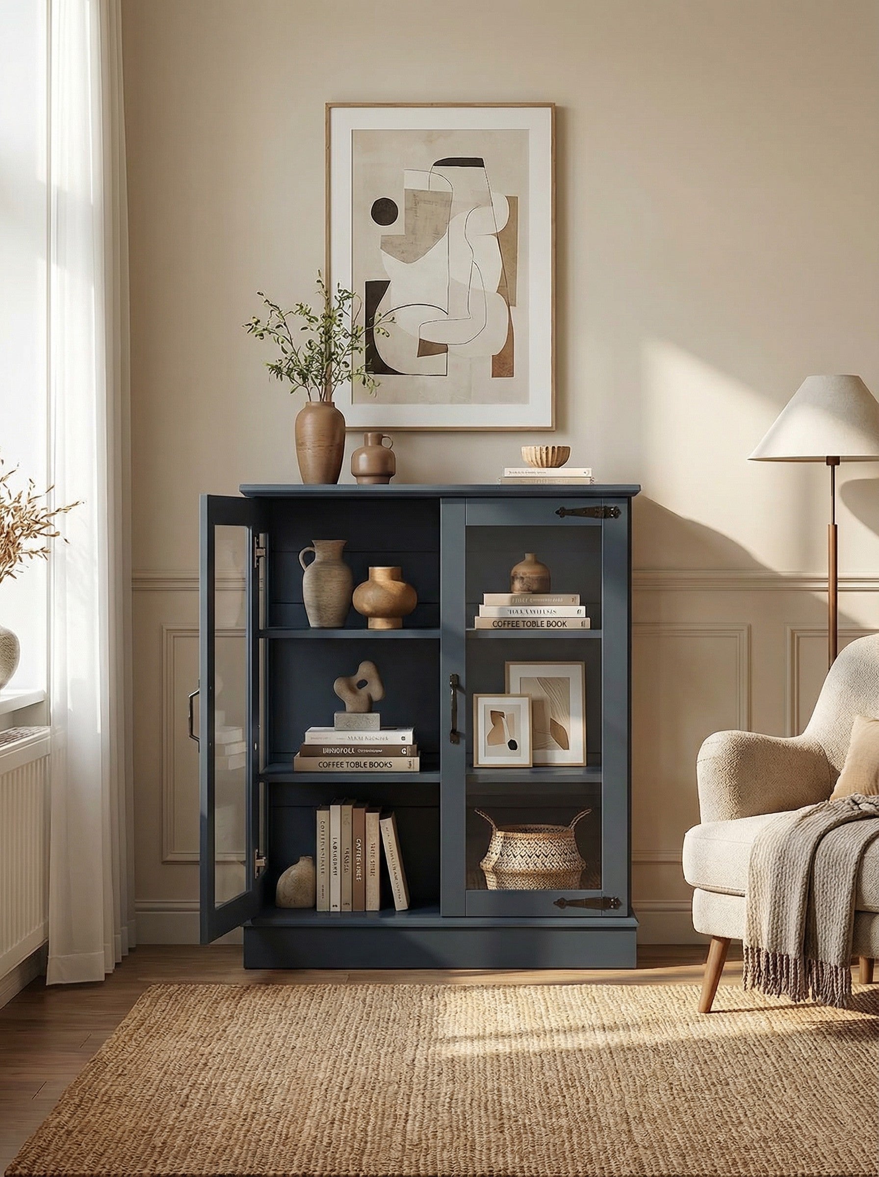 Modern Glass Door Cabinet with Adjustable Shelves, Compact Storage