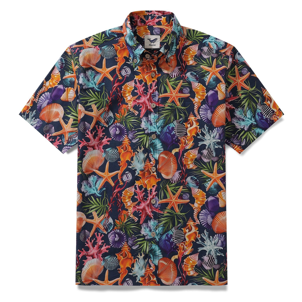 Navy blue men's Hawaiian shirt with vibrant ocean-themed marine life print.