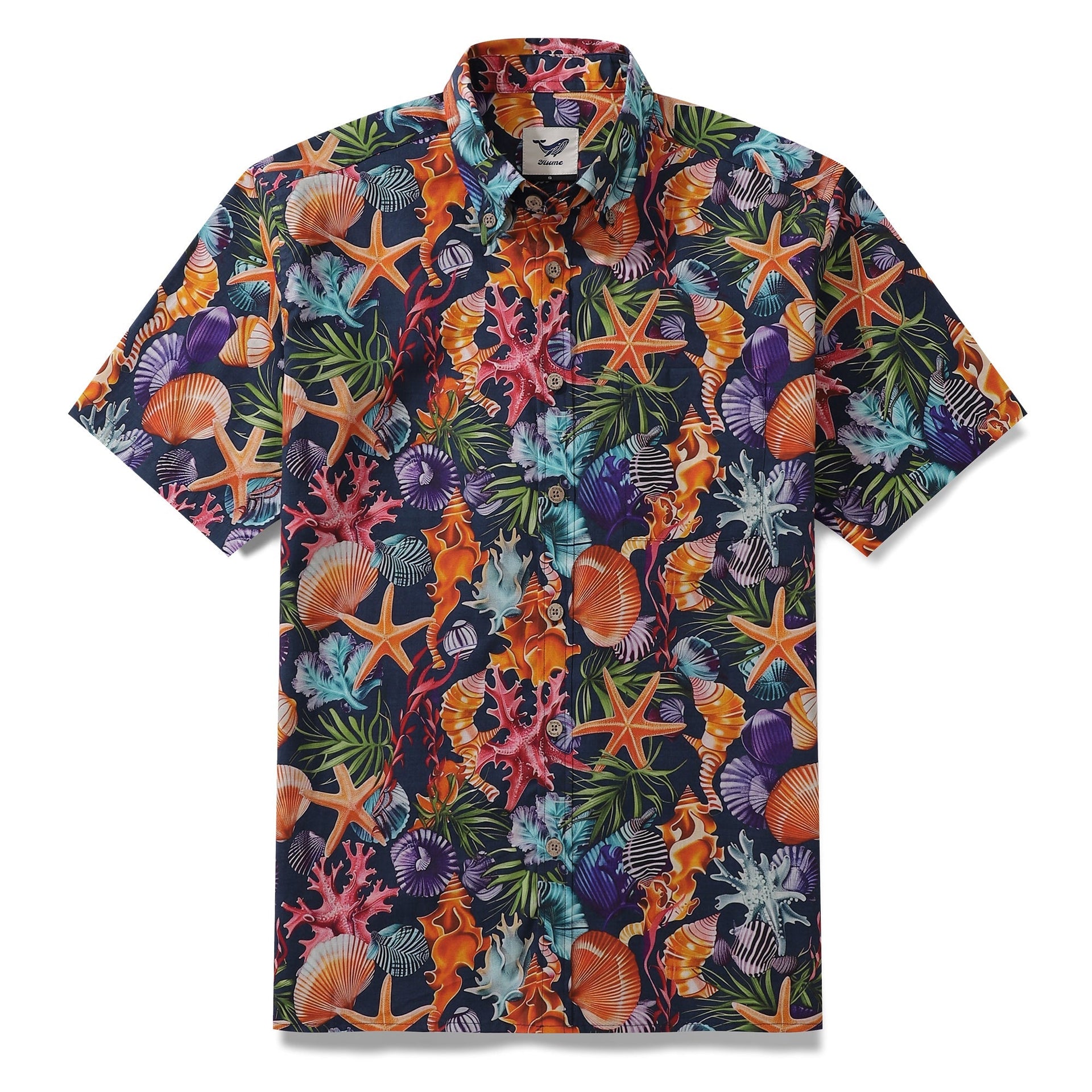 Navy blue men's Hawaiian shirt with vibrant ocean-themed marine life print.