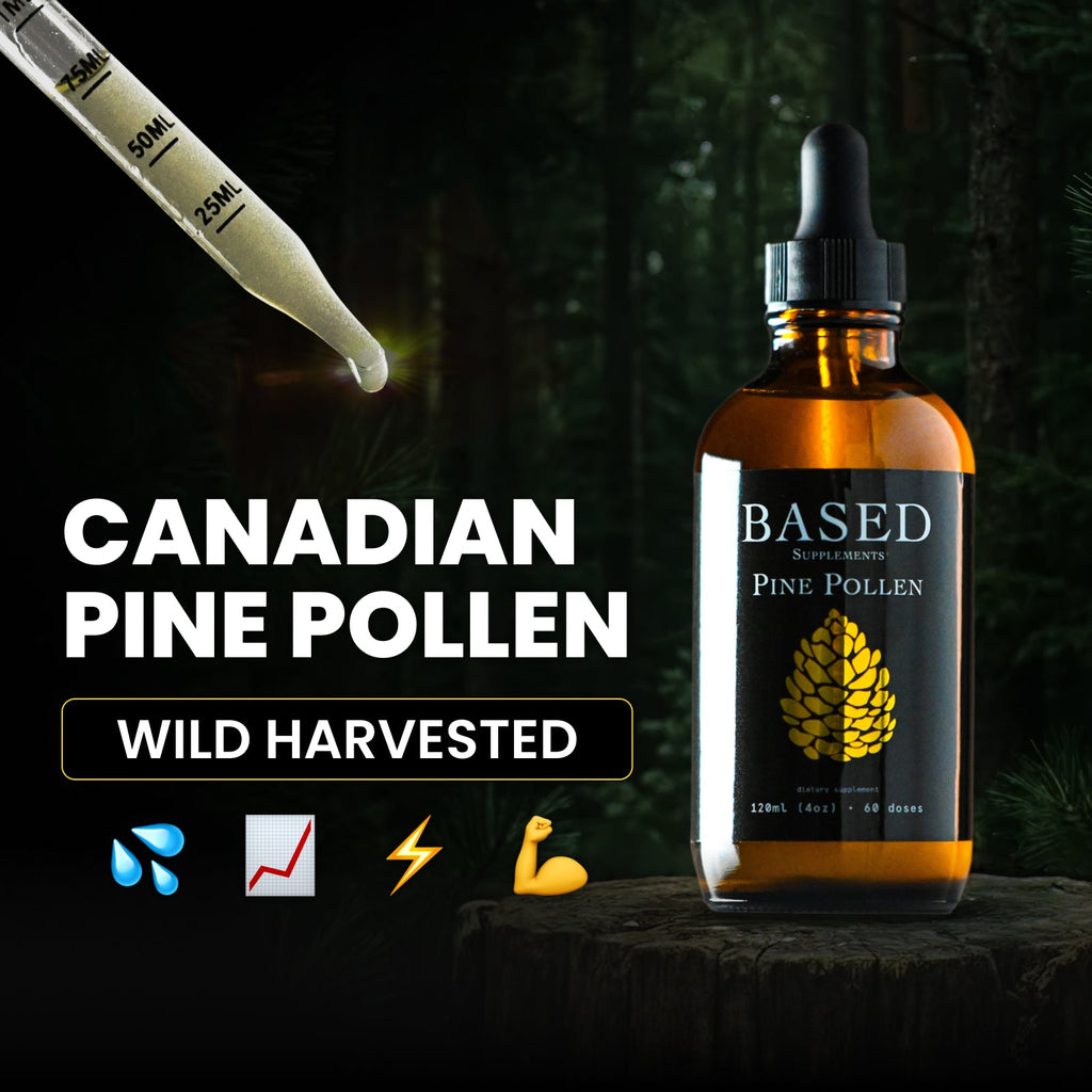 Bottle of Based Supplements Canadian Pine Pollen extract 120ml with a dropper showing liquid on a wooden surface.