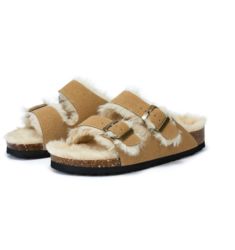 Women's Fur-Lined Adjustable Buckle Clog Slippers for Indoor Outdoor
