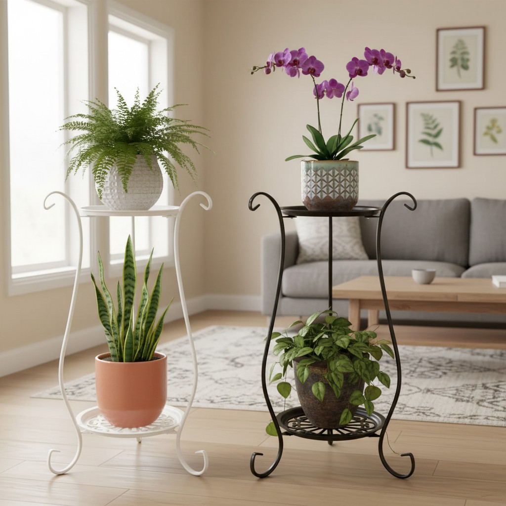 Modern two-tier metal plant stand in black, styled with indoor greenery in a living room setting.