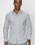 Men's white button-down shirt with grey and teal micro-pineapple print in a classic regular fit