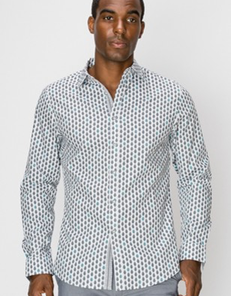 Men's white button-down shirt with grey and teal micro-pineapple print in a classic regular fit