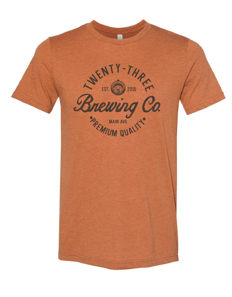 Close up of a rust-colored Twenty-Three Brewing Co. unisex graphic t-shirt.