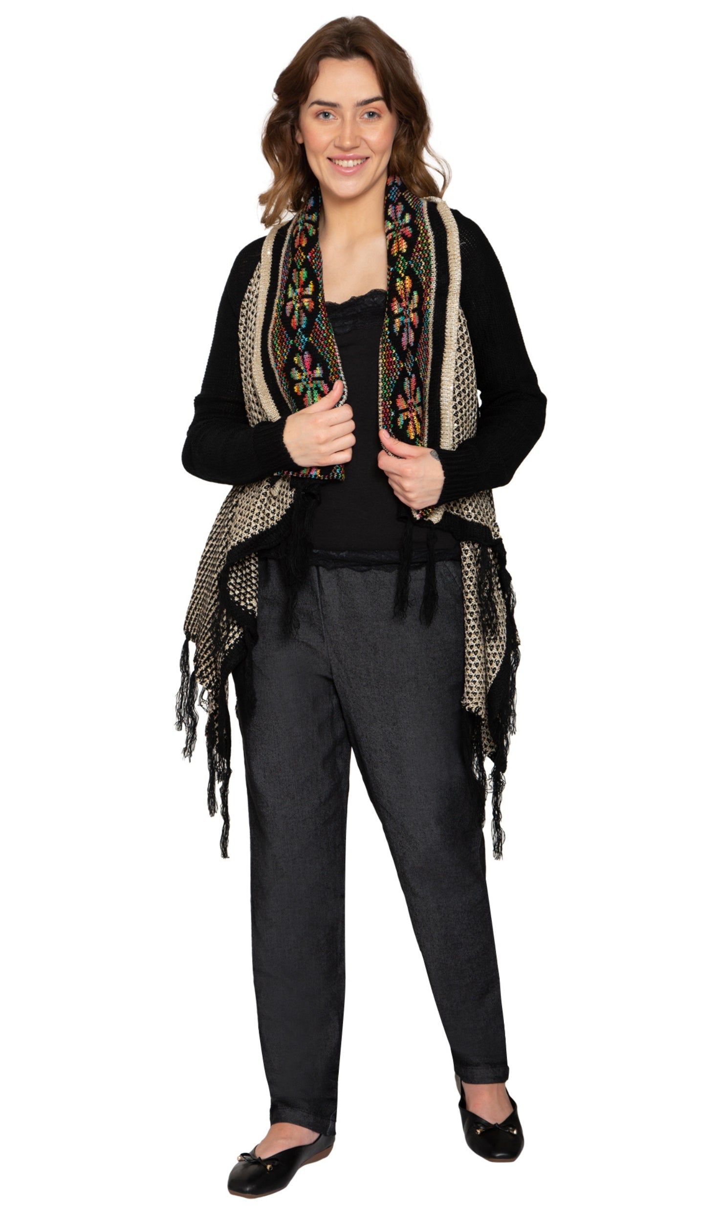 Women's Fringed Jacquard Long Cardigan Open Front Knit Sweater