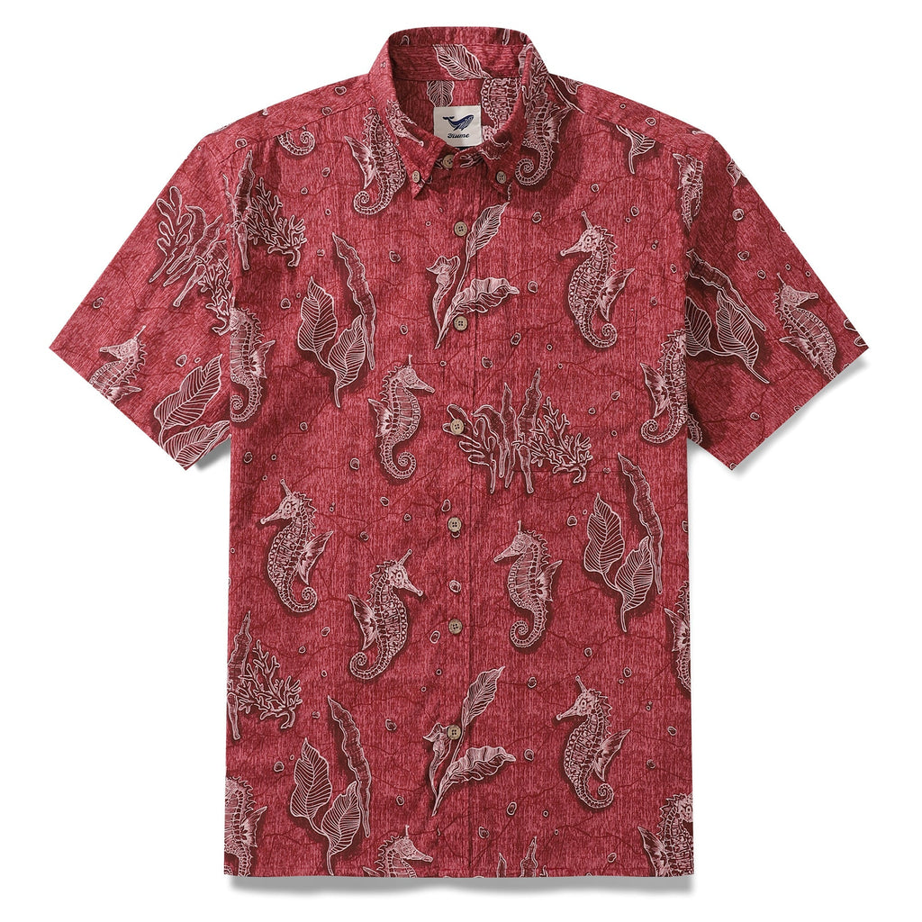 Red button-down Hawaiian shirt featuring a repeating seahorse pattern