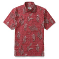 Red button-down Hawaiian shirt featuring a repeating seahorse pattern