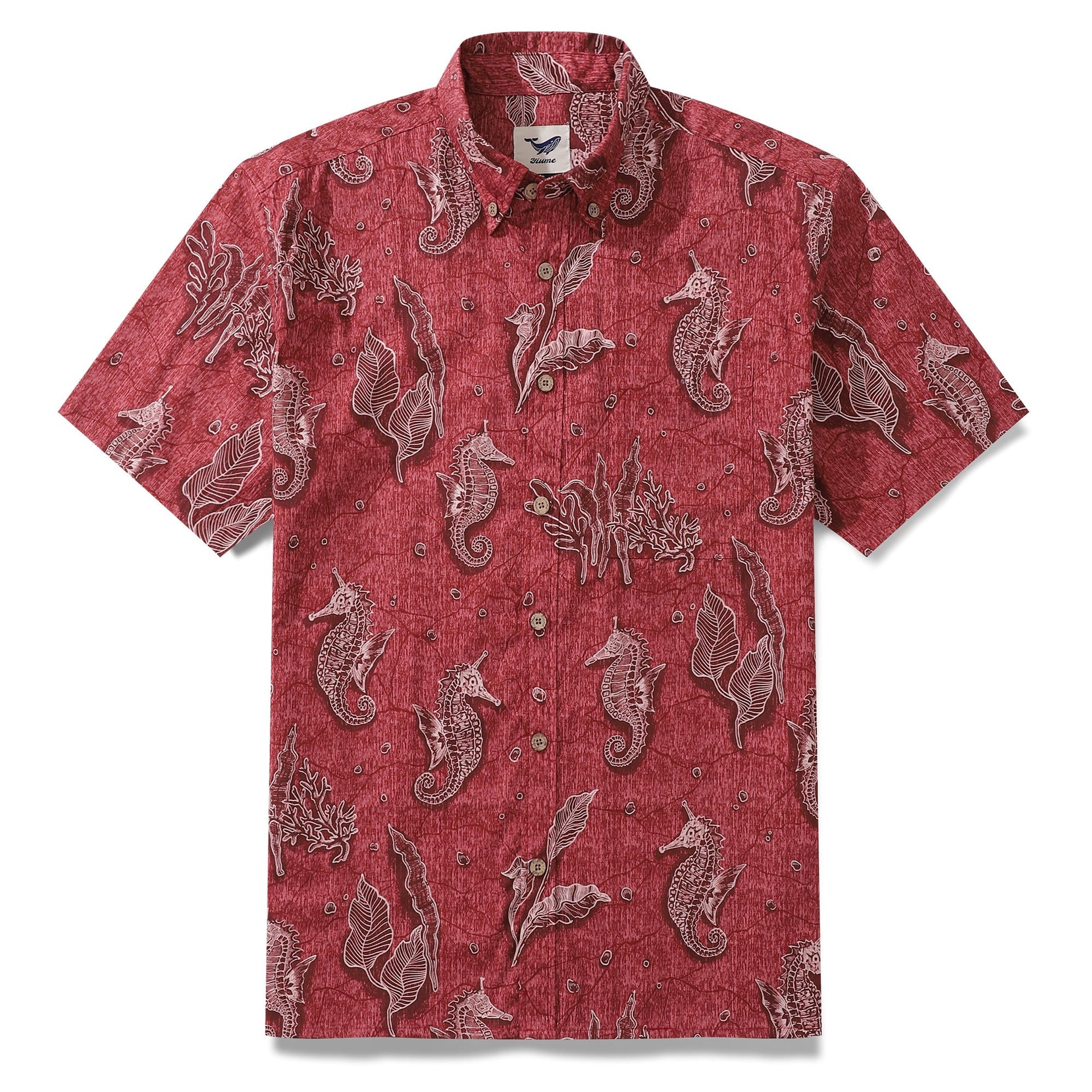 Red button-down Hawaiian shirt featuring a repeating seahorse pattern