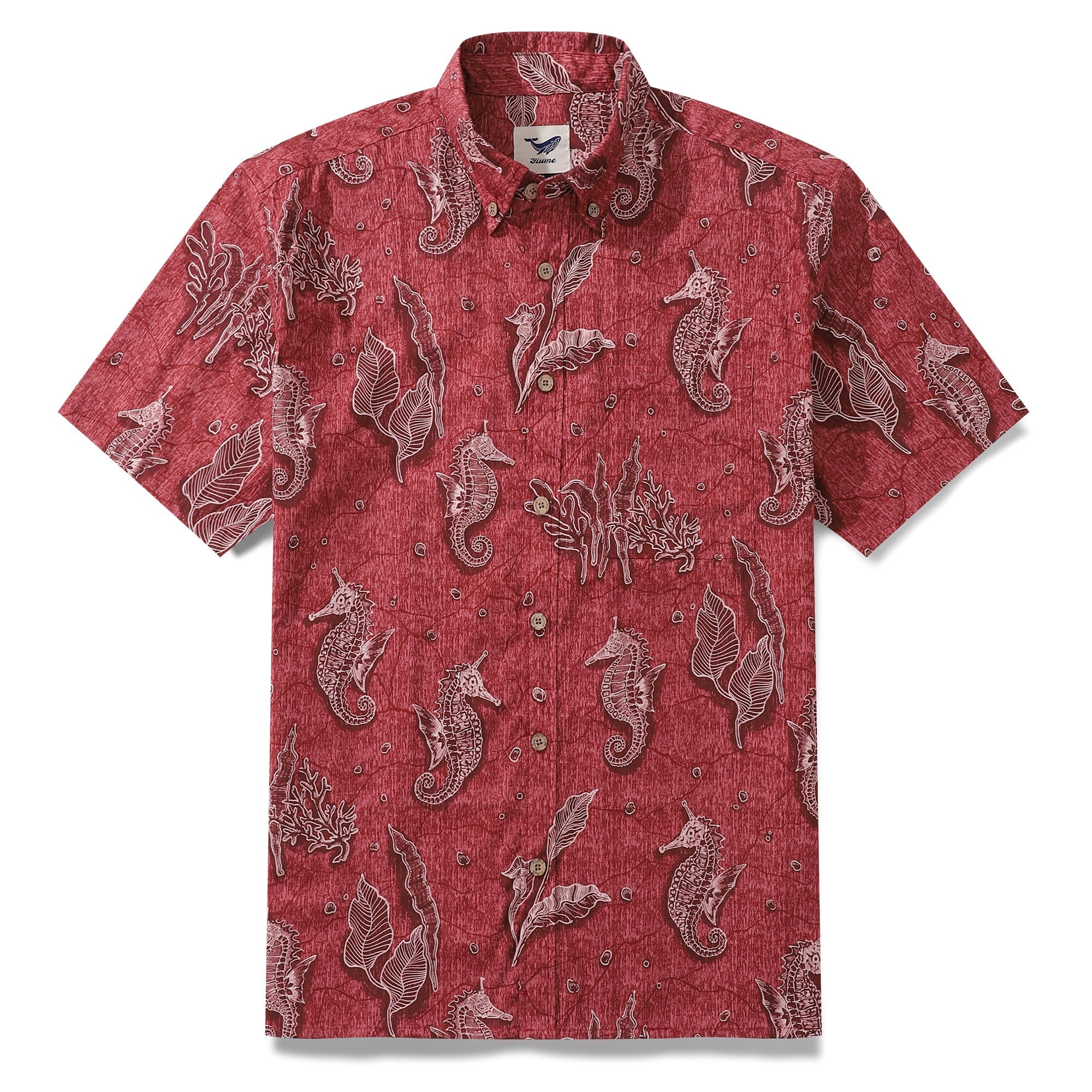 Red button-down Hawaiian shirt featuring a repeating seahorse pattern