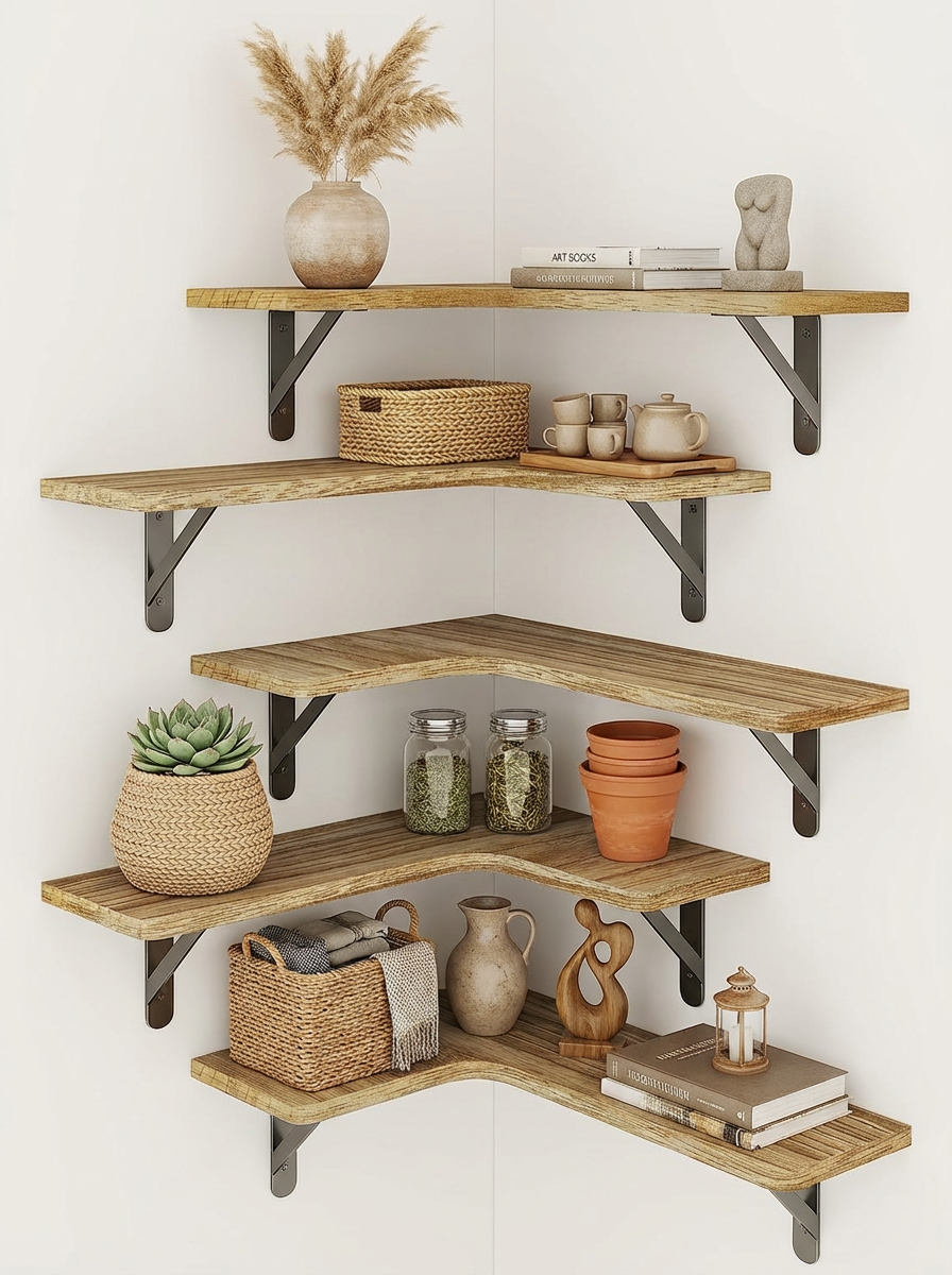 Rustic Corner Floating Shelves Set of 5, Farmhouse Wall Mount