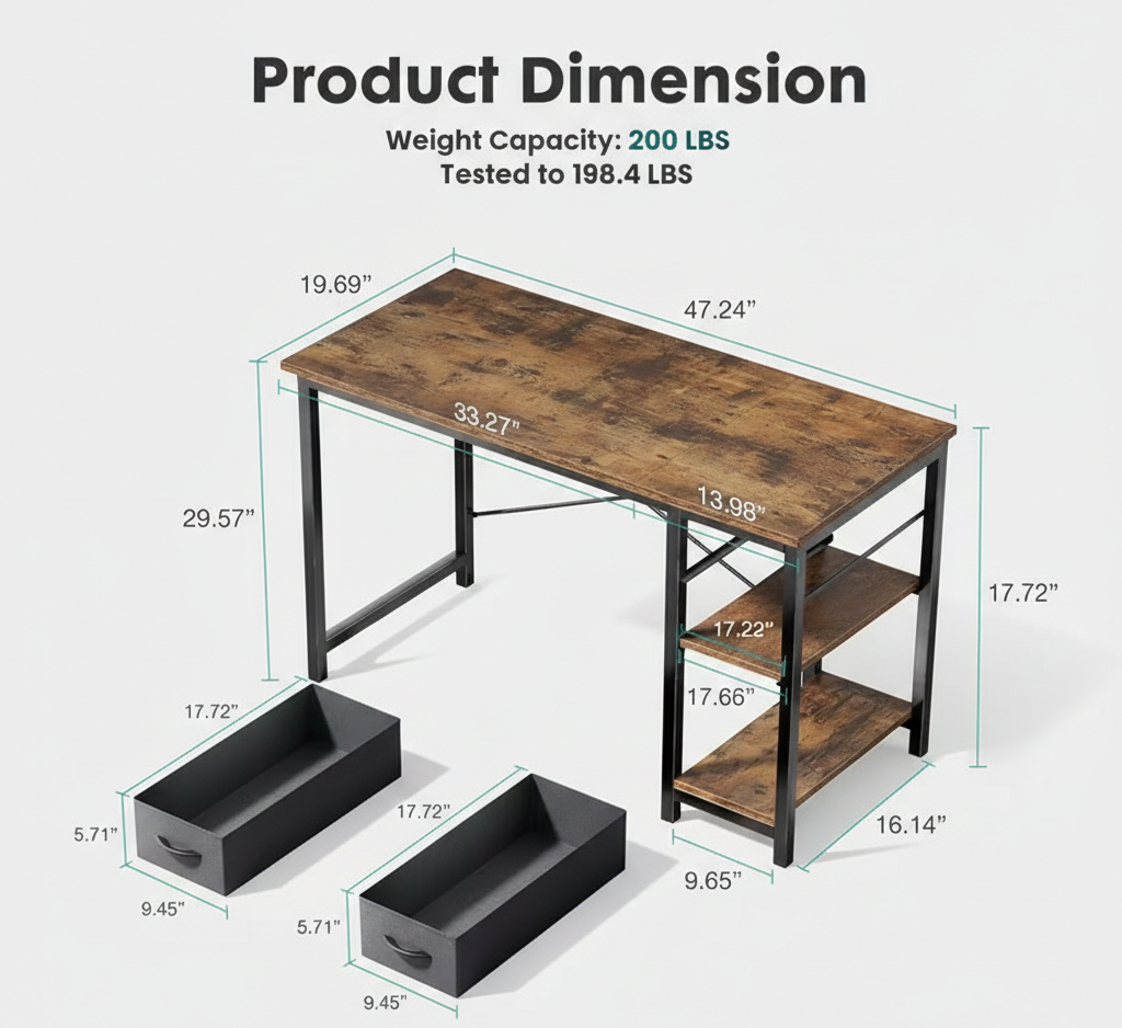 Modern Industrial Computer Desk with Fabric Storage Drawers