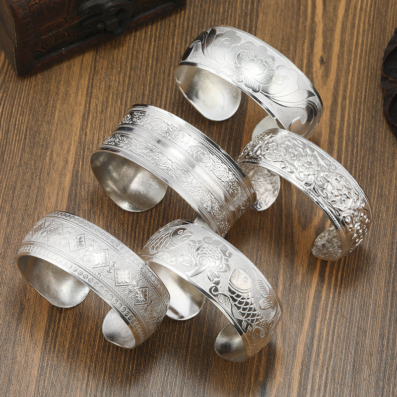 Vintage Tibetan Silver Floral and Animal Motif Cuff Bangle