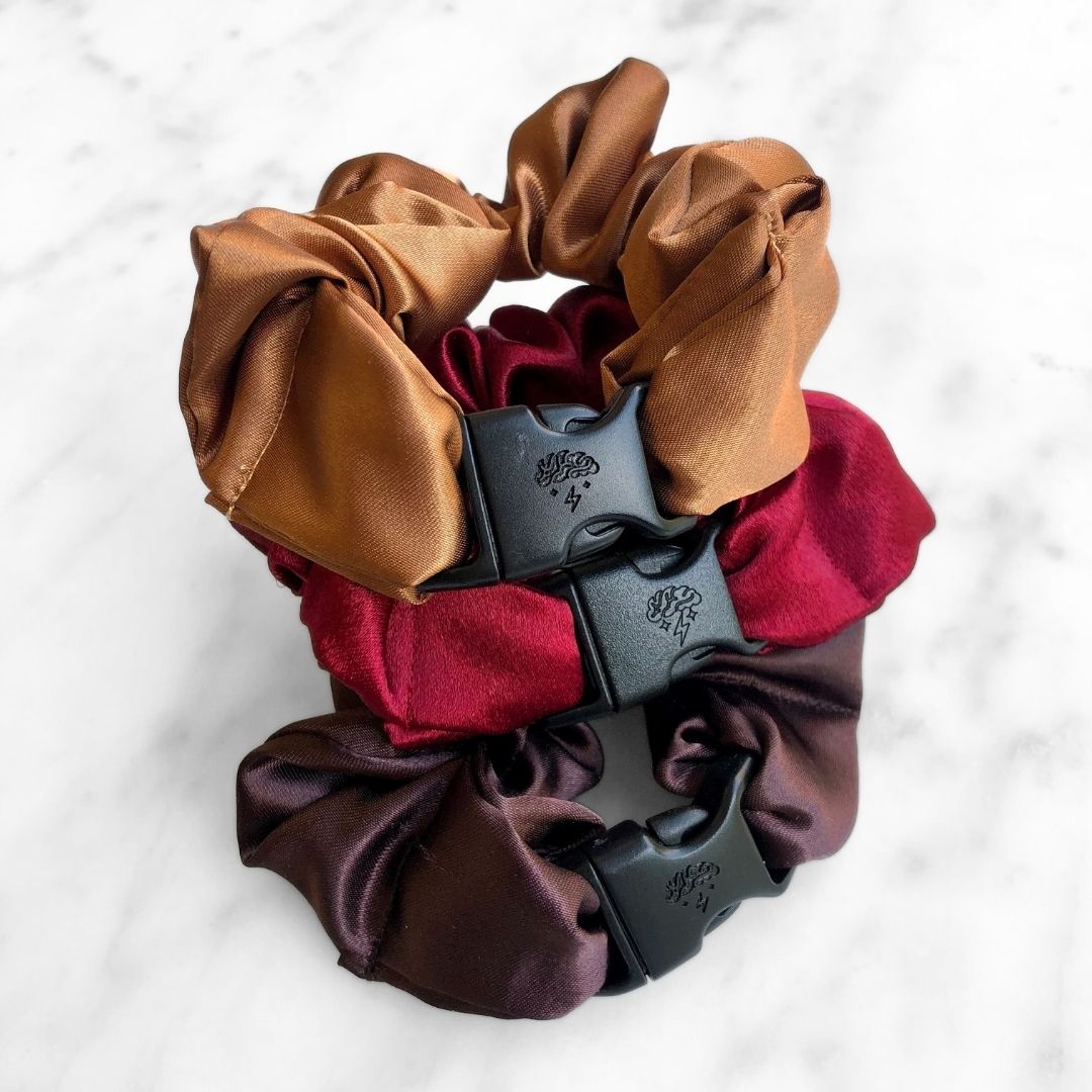 3-Pack Satin Autumn Hair Scrunchies - Gingerbread, Red, Chocolate
