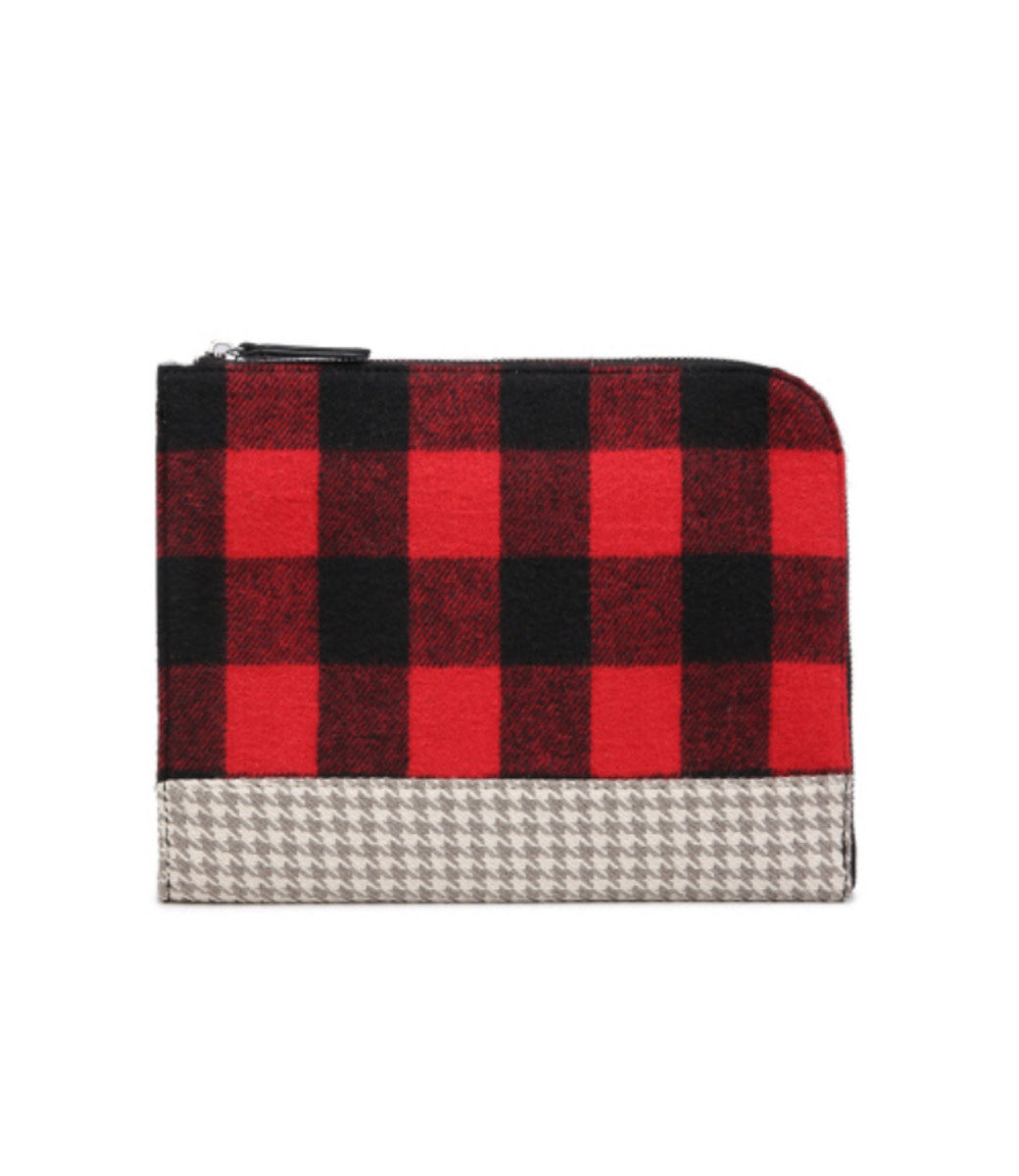 Gwen 11 inch tablet sleeve in red and black buffalo plaid with a grey and beige houndstooth base and zip closure.
