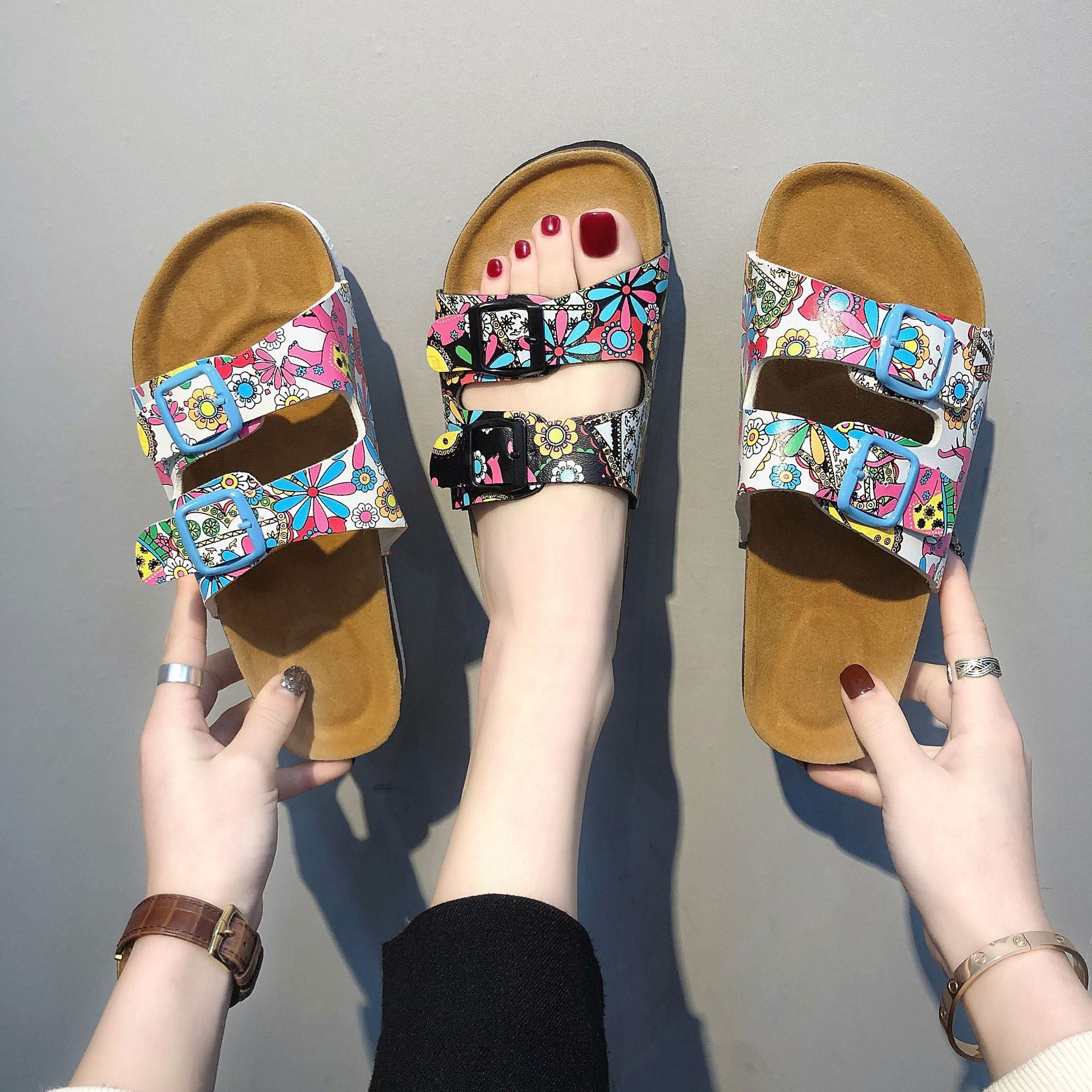Women's brown casual comfort sandals with adjustable double buckle straps
