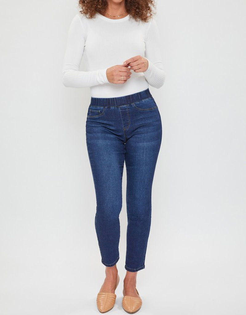Petite high rise jeggings in dark indigo with thick waistband and faux pockets