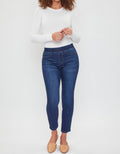 Petite high rise jeggings in dark indigo with thick waistband and faux pockets