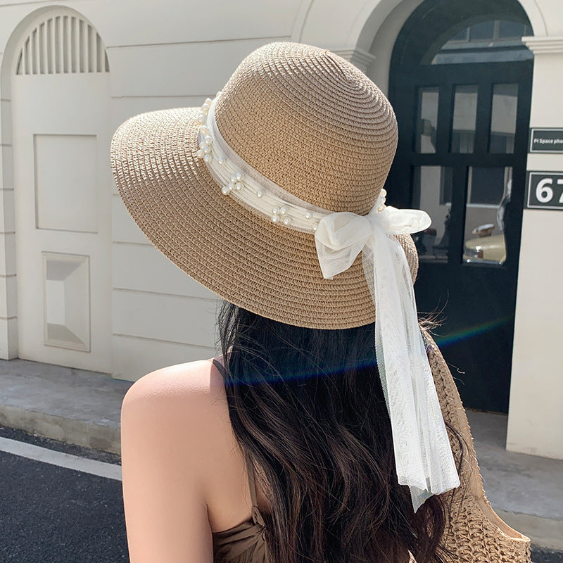 Women's Straw Sun Hat with White Bow - UV Protective Beach Visor