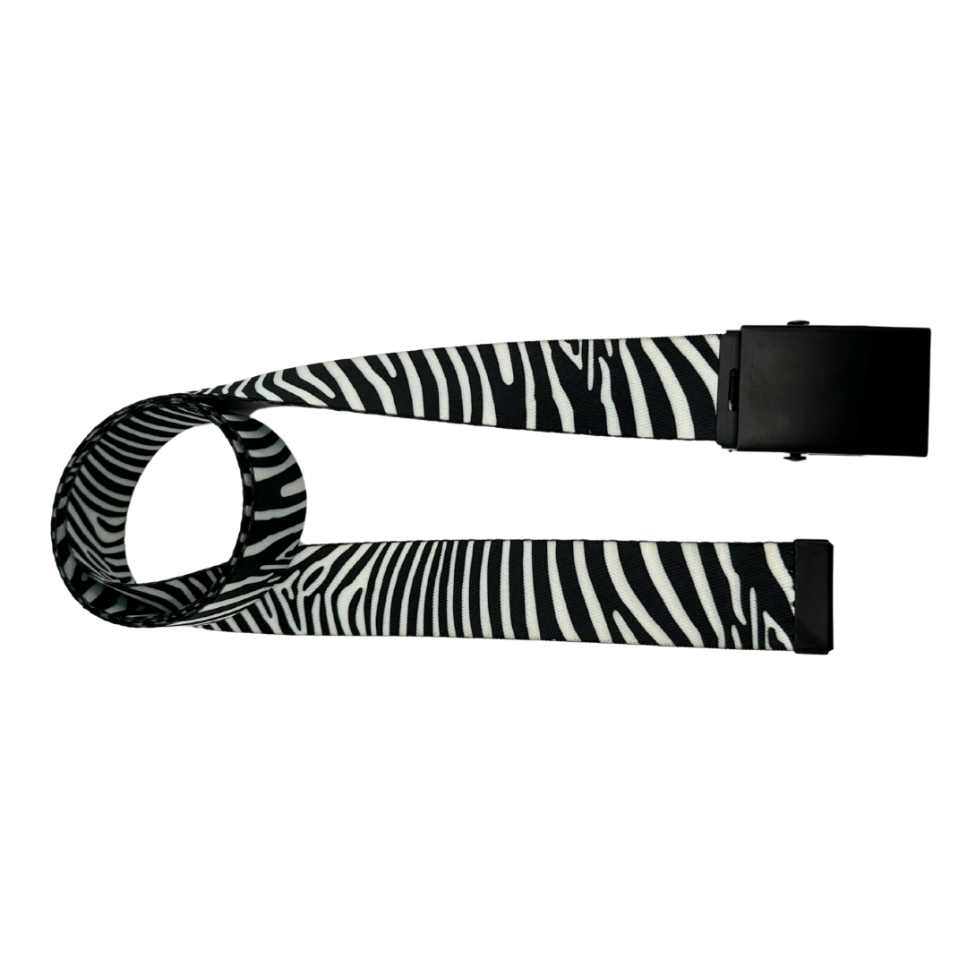 Zebra print belt with black webbing and a metal buckle on a plain background