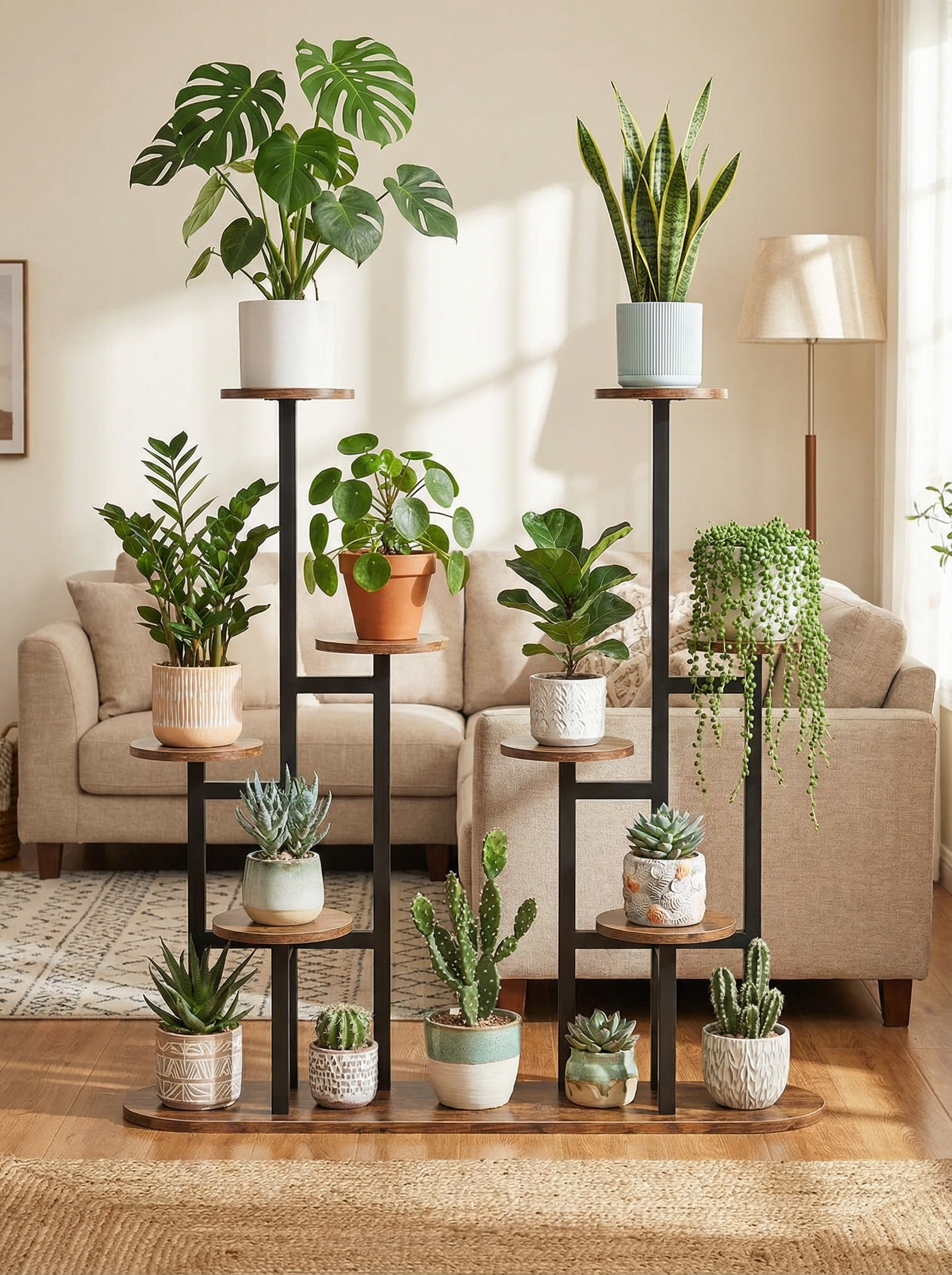 8-Tier Metal & Wood Plant Stand, Modern Indoor Outdoor Flower Rack