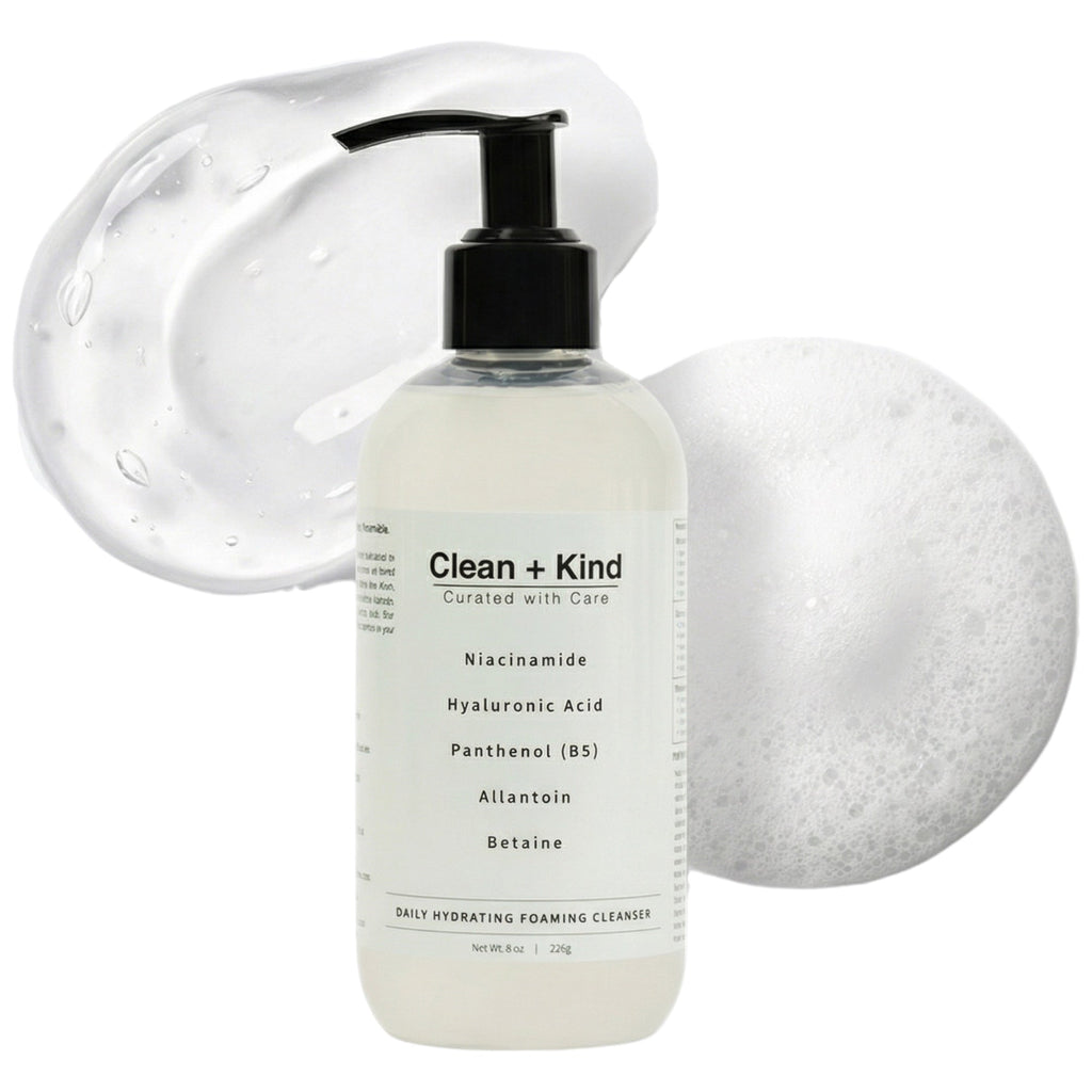 Bottle of Clean + Kind daily hydrating foaming cleanser with listed active ingredients.