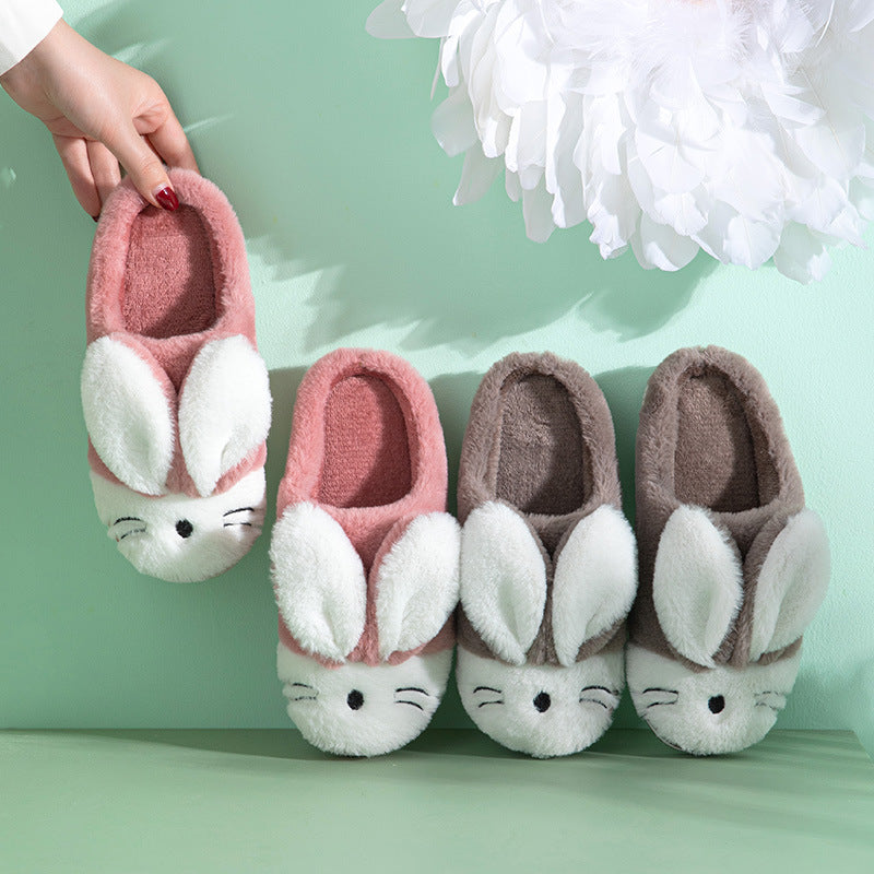 Pastel pink, grey, and white bunny-themed faux fur plush slippers for indoor home comfort