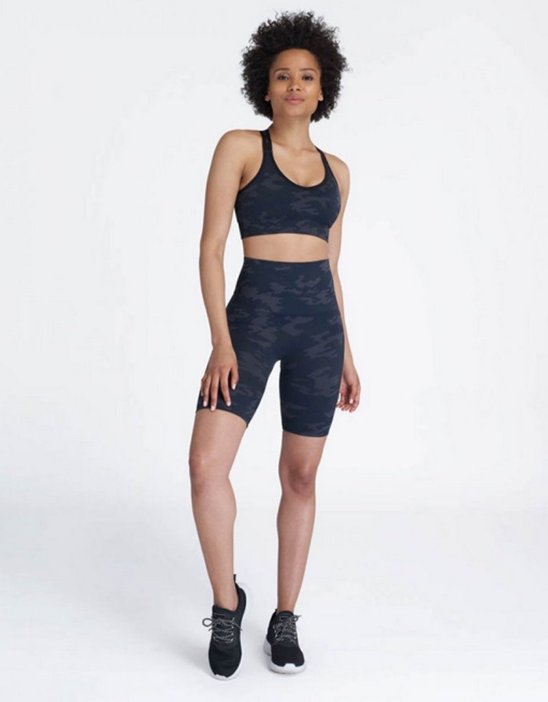 High rise bodycon bike shorts in tonal dark grey and black camo knit fabric