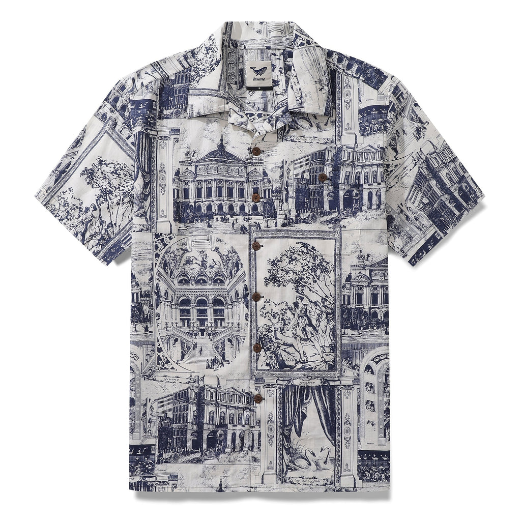 Men's blue and white artistic print cotton camp collar shirt