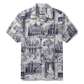 Men's blue and white artistic print cotton camp collar shirt