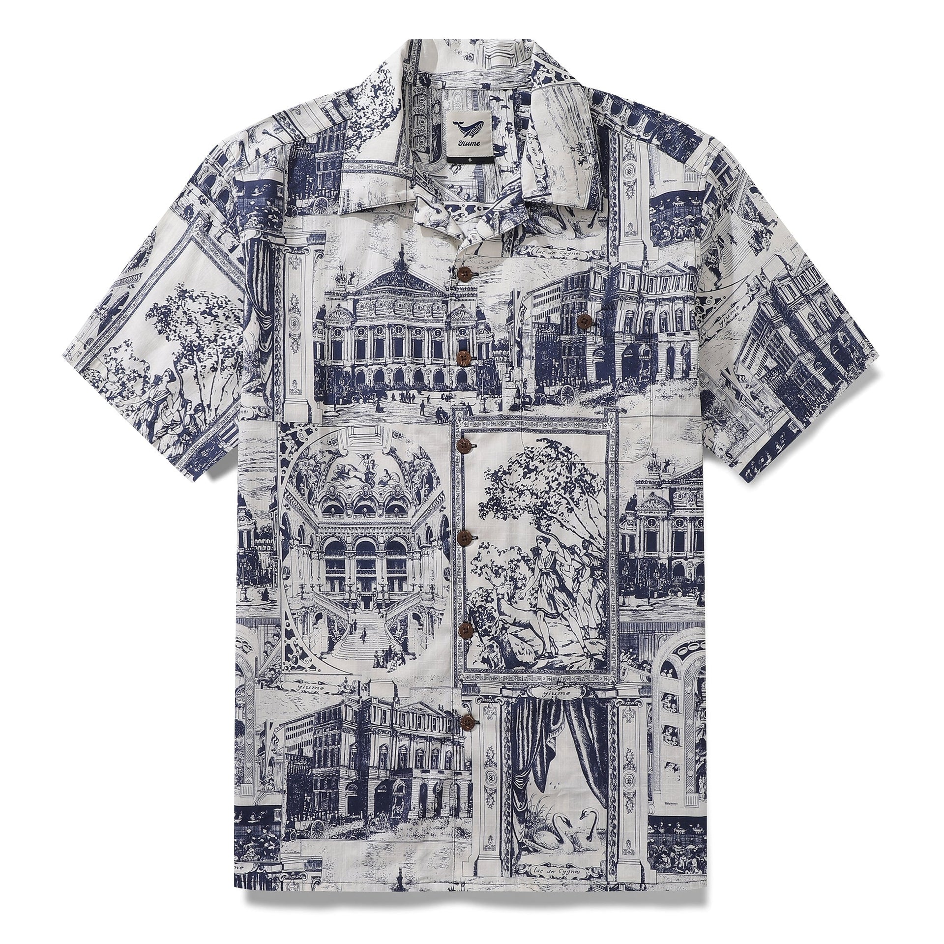 Men's blue and white artistic print cotton camp collar shirt