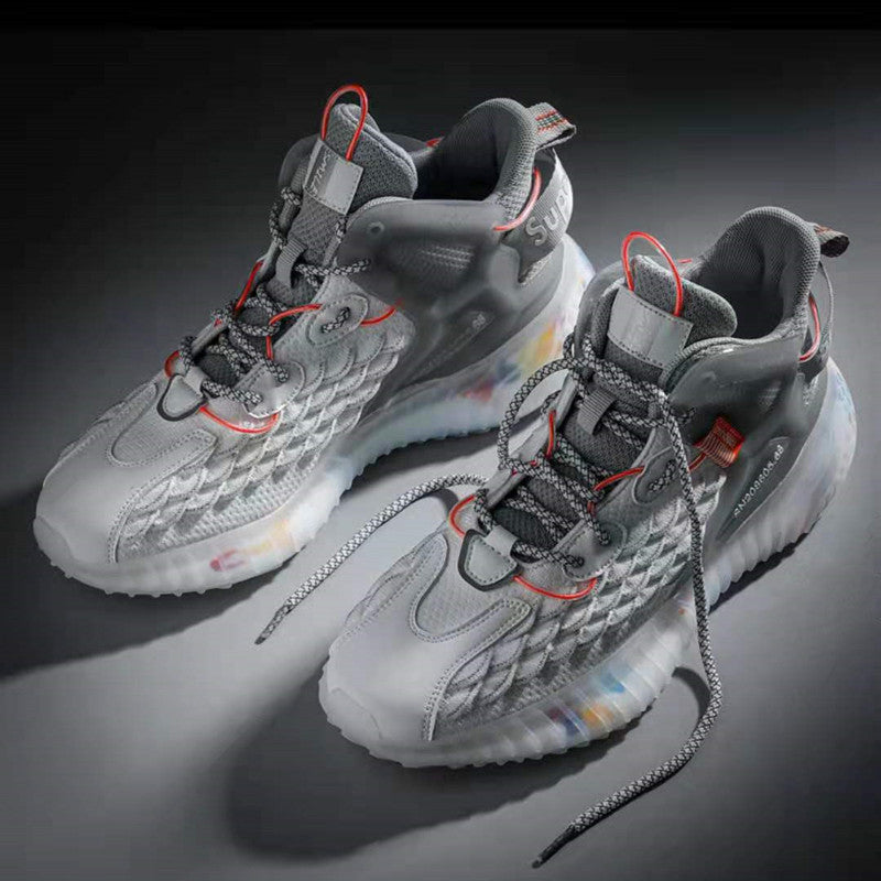 Men's slip-resistant athletic gym sneakers available in grey, white, red, and blue