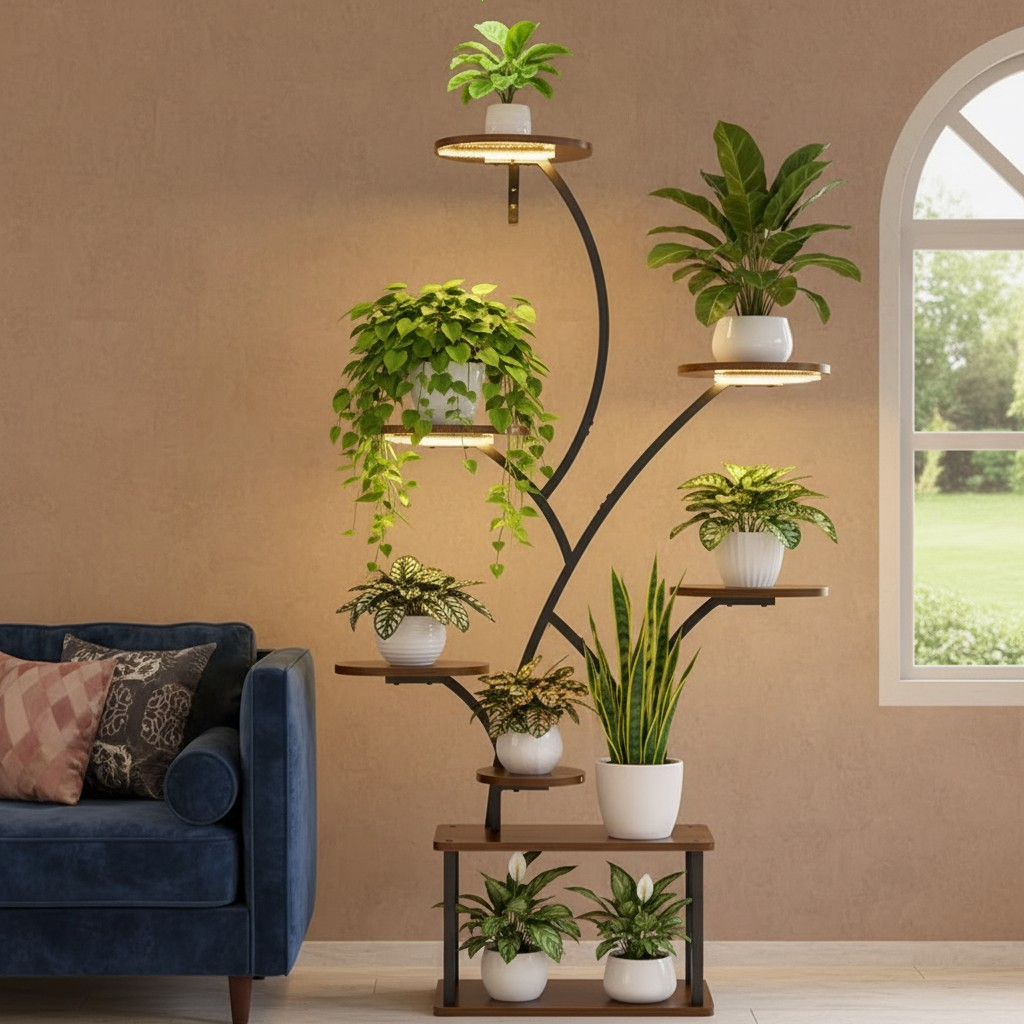 8-Tier Metal Corner Plant Stand - Modern Industrial Plant Shelf