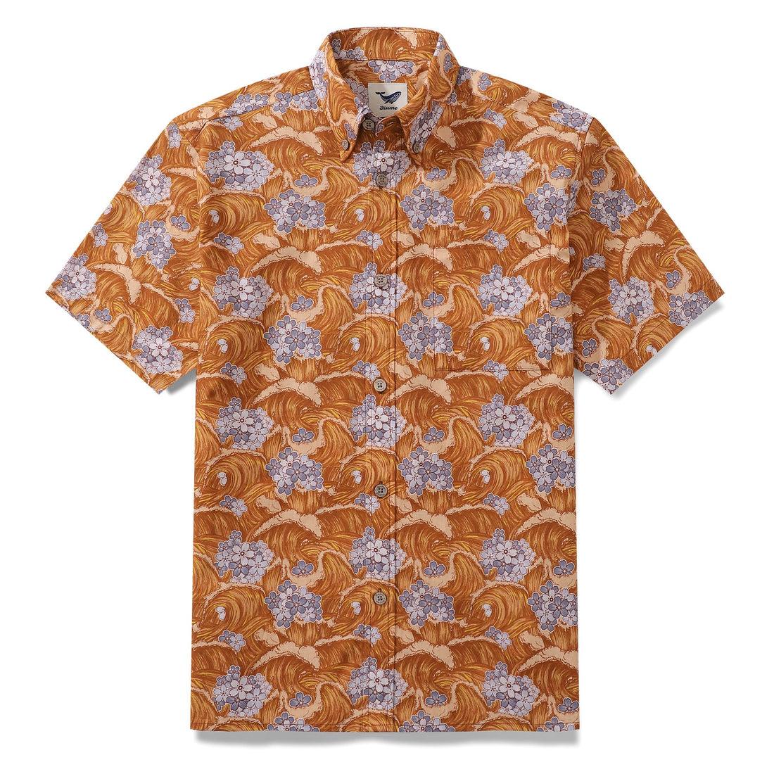 Men's short sleeve cotton Aloha shirt with Sakura flower print in orange and lavender