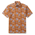 Men's short sleeve cotton Aloha shirt with Sakura flower print in orange and lavender