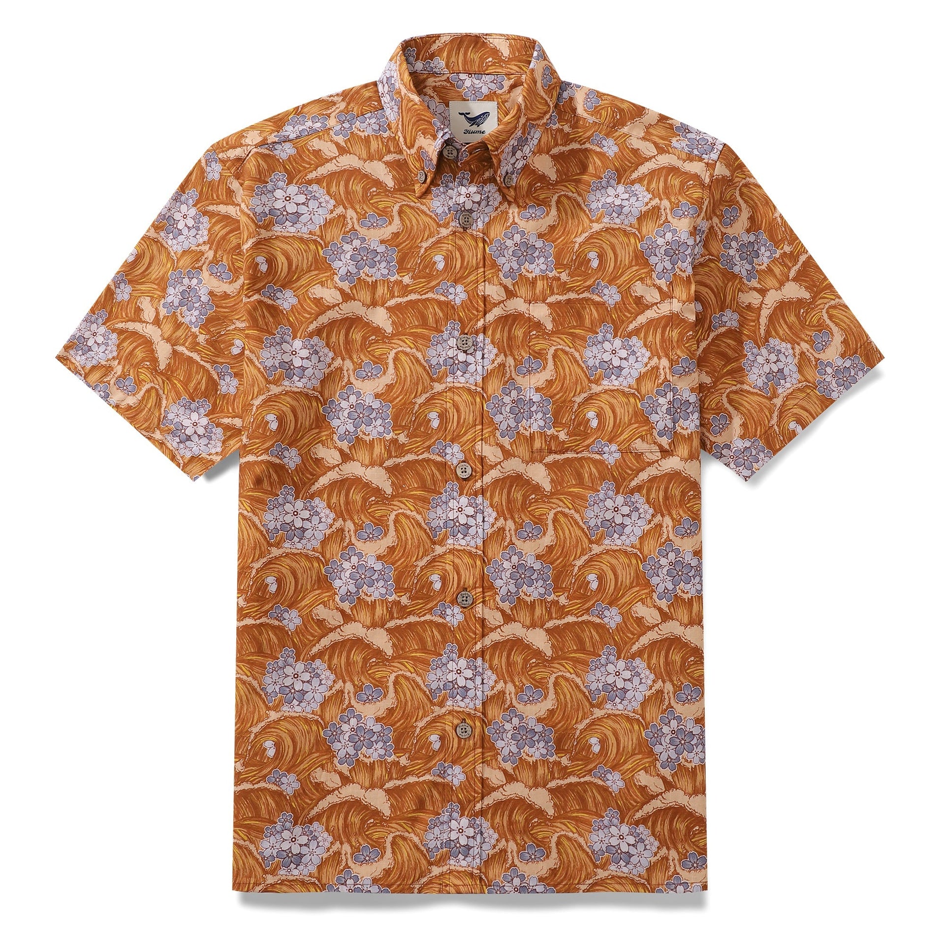 Men's short sleeve cotton Aloha shirt with Sakura flower print in orange and lavender