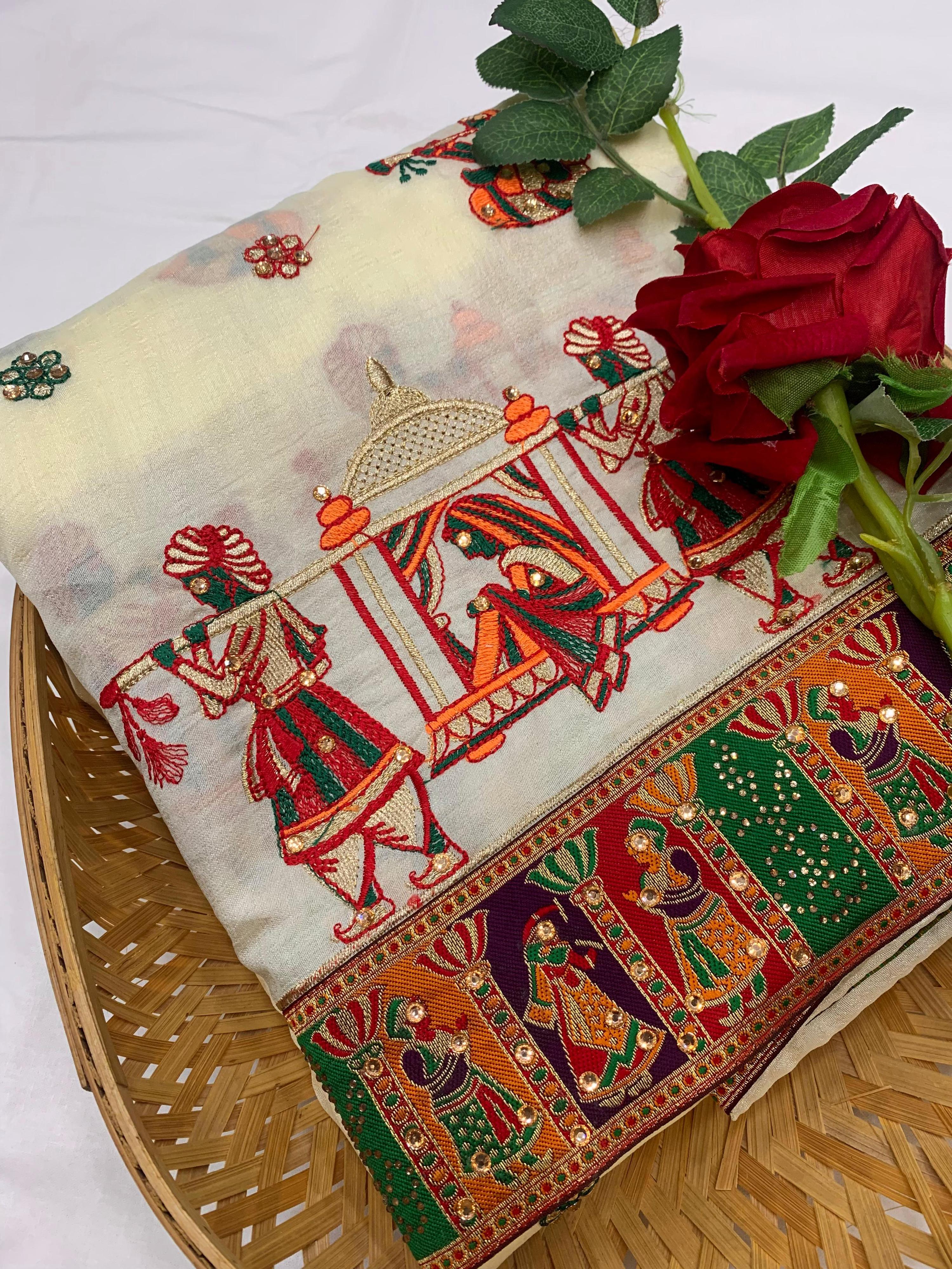 Premium White Vichitra Silk Saree with Embroidery and Diamond Work