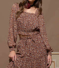 Burgundy floral square neck long sleeve crop top with ruffled trim