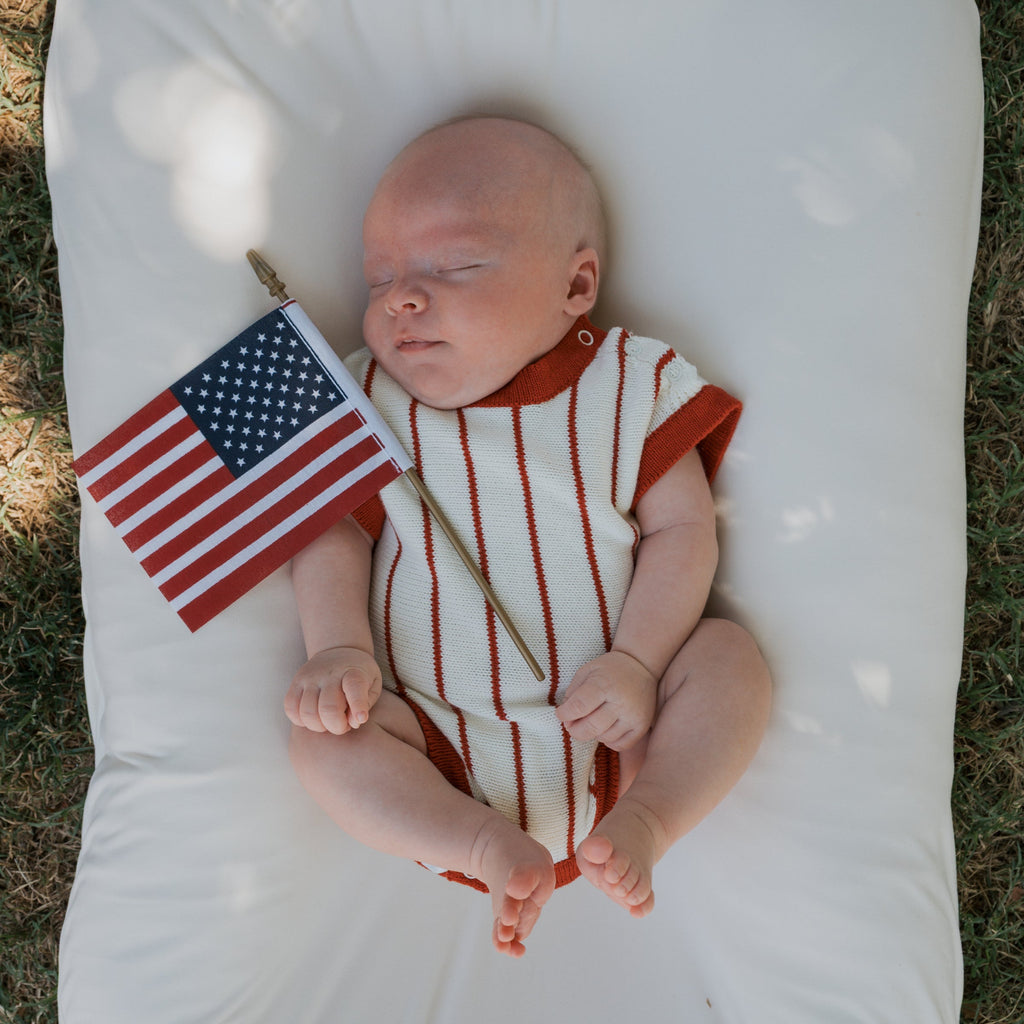 Unisex Knit Romper in Off-White and Red Pinstripe