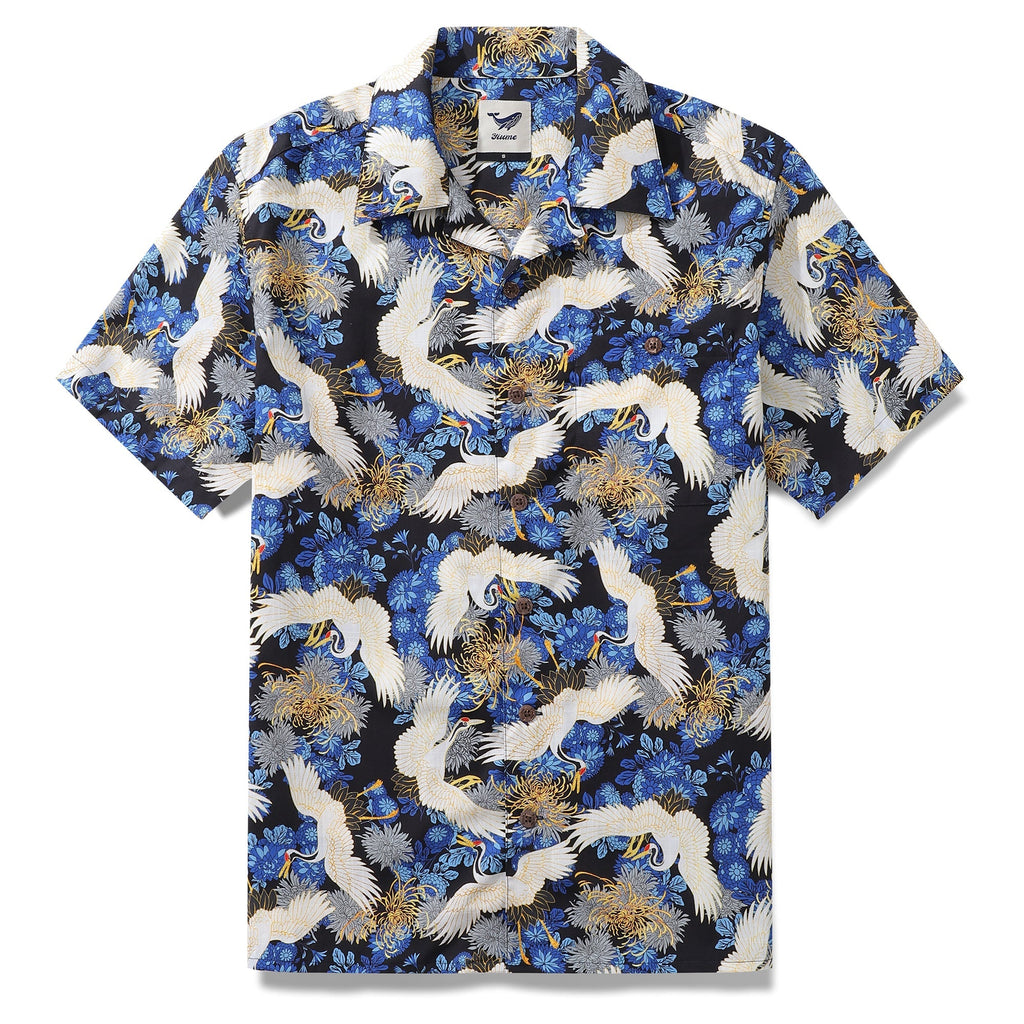 Men's black, blue, and white Hawaiian shirt featuring a graceful crane print pattern.